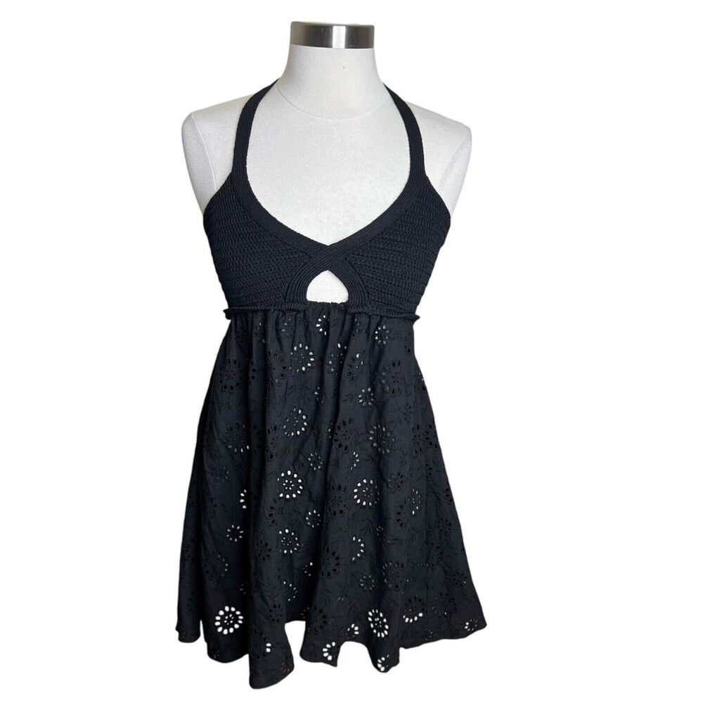 Zara Black Crochet Eyelet Halter Mini Dress S Babydoll Whimsigoth Festival